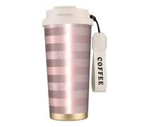 YXDVPALNE Elegante raya rosa ruborizada con brillo dorado rosa,Taza de café de acero inoxidable 316 con cordón, vaso térmico de viaje para coche, 500 ml