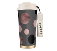 YXDVPALNE Elegantes círculos negros de imitación oro rosa ruborizado,Taza de café de acero inoxidable 316 con cordón, vaso térmico de viaje para coche, 500 ml