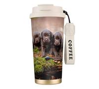 YXDVPALNE Familia de cachorros de labrador, cachorros pequeños marrones,Taza de café de acero inoxidable 316 con cordón, vaso térmico de viaje para coche, 500 ml