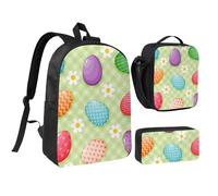 YXDVPALNE Felices Pascuas Huevos de Pascua coloridos,Mochila para estudiantes, bolsa de almuerzo y estuche de lápices (3 piezas)
