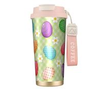 YXDVPALNE Felices Pascuas Huevos de Pascua coloridos,Taza de café de acero inoxidable 316 con cordón, vaso térmico de viaje para coche, 500 ml