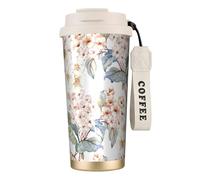 YXDVPALNE Flor Acuarela Pastel Botánico Rosa,Taza de café de acero inoxidable 316 con cordón, vaso térmico de viaje para coche, 500 ml