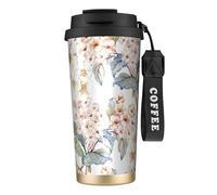 YXDVPALNE Flor Acuarela Pastel Botánico Rosa,Taza de café de acero inoxidable 316 con cordón, vaso térmico de viaje para coche, 500 ml
