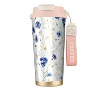 YXDVPALNE Flor dibujada a mano,Taza de café de acero inoxidable 316 con cordón, vaso térmico de viaje para coche, 500 ml
