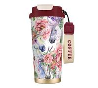 YXDVPALNE Flores de rosas de caballo en acuarela,Taza de café de acero inoxidable 316 con cordón, vaso térmico de viaje para coche, 500 ml