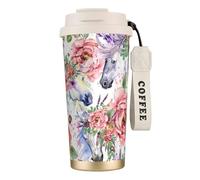 YXDVPALNE Flores de rosas de caballo en acuarela,Taza de café de acero inoxidable 316 con cordón, vaso térmico de viaje para coche, 500 ml