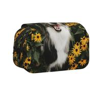 YXDVPALNE Flores para Perros Border Collie Felices Estuche para lápices portátil con Doble Concha y Cremallera