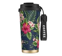 YXDVPALNE Flores tropicales Frangipani Hibisco Naturaleza,Taza de café de acero inoxidable 316 con cordón, vaso térmico de viaje para coche, 500 ml