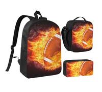 YXDVPALNE Fútbol americano en llamas,Mochila para estudiantes, bolsa de almuerzo y estuche de lápices (3 piezas)