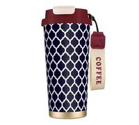 YXDVPALNE Geométrico marroquí azul marino moderno,Taza de café de acero inoxidable 316 con cordón, vaso térmico de viaje para coche, 500 ml