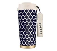 YXDVPALNE Geométrico marroquí azul marino moderno,Taza de café de acero inoxidable 316 con cordón, vaso térmico de viaje para coche, 500 ml