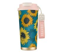 YXDVPALNE Girasoles amarillos sobre un fondo azul,Taza de café de acero inoxidable 316 con cordón, vaso térmico de viaje para coche, 500 ml
