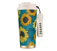 YXDVPALNE Girasoles amarillos sobre un fondo azul,Taza de café de acero inoxidable 316 con cordón, vaso térmico de viaje para coche, 500 ml