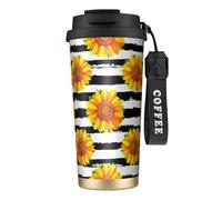 YXDVPALNE Girasoles sobre fondo de rayas blancas y negras,Taza de café de acero inoxidable 316 con cordón, vaso térmico de viaje para coche, 500 ml