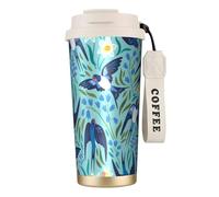 YXDVPALNE Golondrinas Voladoras Flores de Primavera,Taza de café de acero inoxidable 316 con cordón, vaso térmico de viaje para coche, 500 ml