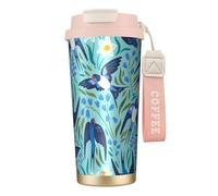 YXDVPALNE Golondrinas Voladoras Flores de Primavera,Taza de café de acero inoxidable 316 con cordón, vaso térmico de viaje para coche, 500 ml