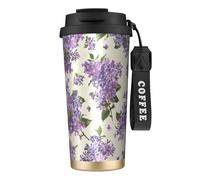 YXDVPALNE Hermoso estampado de flores moradas,Taza de café de acero inoxidable 316 con cordón, vaso térmico de viaje para coche, 500 ml