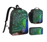 YXDVPALNE Hermoso pavo real,Mochila para estudiantes, bolsa de almuerzo y estuche de lápices (3 piezas)