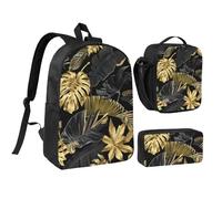 YXDVPALNE Hojas tropicales negras y doradas,Mochila para estudiantes, bolsa de almuerzo y estuche de lápices (3 piezas)
