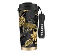 YXDVPALNE Hojas tropicales negras y doradas,Taza de café de acero inoxidable 316 con cordón, vaso térmico de viaje para coche, 500 ml