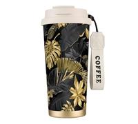 YXDVPALNE Hojas tropicales negras y doradas,Taza de café de acero inoxidable 316 con cordón, vaso térmico de viaje para coche, 500 ml
