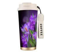 YXDVPALNE Hojas verdes y flores moradas impresas,Taza de café de acero inoxidable 316 con cordón, vaso térmico de viaje para coche, 500 ml