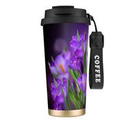 YXDVPALNE Hojas verdes y flores moradas impresas,Taza de café de acero inoxidable 316 con cordón, vaso térmico de viaje para coche, 500 ml