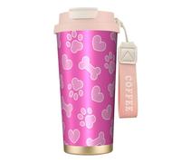 YXDVPALNE Huella de perro rosa con forma de corazón de hueso,Taza de café de acero inoxidable 316 con cordón, vaso térmico de viaje para coche, 500 ml
