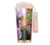 YXDVPALNE Impresión de orquídeas,Taza de café de acero inoxidable 316 con cordón, vaso térmico de viaje para coche, 500 ml