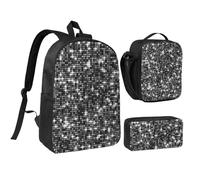 YXDVPALNE Lentejuelas plateadas negras con patrón elegante y brillante,Mochila para estudiantes, bolsa de almuerzo y estuche de lápices (3 piezas)