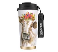 YXDVPALNE Linda vaca de acuarela,Taza de café de acero inoxidable 316 con cordón, vaso térmico de viaje para coche, 500 ml