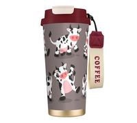 YXDVPALNE Linda vaca de dibujos animados impresa,Taza de café de acero inoxidable 316 con cordón, vaso térmico de viaje para coche, 500 ml