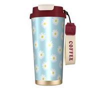 YXDVPALNE Lindas flores de margaritas florales azules,Taza de café de acero inoxidable 316 con cordón, vaso térmico de viaje para coche, 500 ml