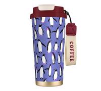 YXDVPALNE Lindo pingüino morado,Taza de café de acero inoxidable 316 con cordón, vaso térmico de viaje para coche, 500 ml