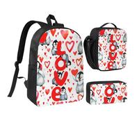 YXDVPALNE Lindos pingüinos para el Día de San Valentín,Mochila para estudiantes, bolsa de almuerzo y estuche de lápices (3 piezas)