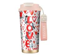 YXDVPALNE Lindos pingüinos para el Día de San Valentín,Taza de café de acero inoxidable 316 con cordón, vaso térmico de viaje para coche, 500 ml