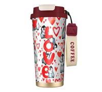 YXDVPALNE Lindos pingüinos para el Día de San Valentín,Taza de café de acero inoxidable 316 con cordón, vaso térmico de viaje para coche, 500 ml