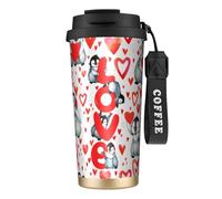 YXDVPALNE Lindos pingüinos para el Día de San Valentín,Taza de café de acero inoxidable 316 con cordón, vaso térmico de viaje para coche, 500 ml