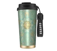 YXDVPALNE Mandala celta en verde salvia suave y dorado,Taza de café de acero inoxidable 316 con cordón, vaso térmico de viaje para coche, 500 ml