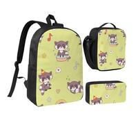 YXDVPALNE Mapache kawaii lindo,Mochila para estudiantes, bolsa de almuerzo y estuche de lápices (3 piezas)
