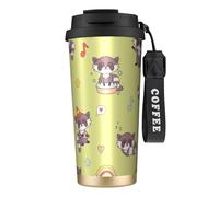 YXDVPALNE Mapache kawaii lindo,Taza de café de acero inoxidable 316 con cordón, vaso térmico de viaje para coche, 500 ml