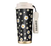 YXDVPALNE Margarita blanca amarilla flor negra,Taza de café de acero inoxidable 316 con cordón, vaso térmico de viaje para coche, 500 ml