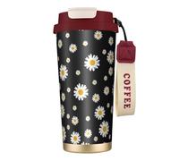 YXDVPALNE Margarita blanca amarilla flor negra,Taza de café de acero inoxidable 316 con cordón, vaso térmico de viaje para coche, 500 ml
