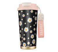 YXDVPALNE Margarita blanca amarilla flor negra,Taza de café de acero inoxidable 316 con cordón, vaso térmico de viaje para coche, 500 ml