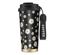 YXDVPALNE Margarita blanca amarilla flor negra,Taza de café de acero inoxidable 316 con cordón, vaso térmico de viaje para coche, 500 ml