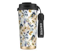YXDVPALNE Mostaza azul floral,Taza de café de acero inoxidable 316 con cordón, vaso térmico de viaje para coche, 500 ml