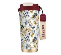 YXDVPALNE Mostaza azul floral,Taza de café de acero inoxidable 316 con cordón, vaso térmico de viaje para coche, 500 ml