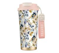 YXDVPALNE Mostaza azul floral,Taza de café de acero inoxidable 316 con cordón, vaso térmico de viaje para coche, 500 ml