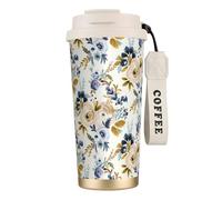 YXDVPALNE Mostaza azul floral,Taza de café de acero inoxidable 316 con cordón, vaso térmico de viaje para coche, 500 ml