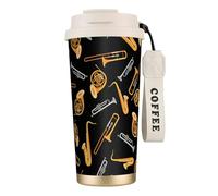 YXDVPALNE Música para saxofón y trombón en negro,Taza de café de acero inoxidable 316 con cordón, vaso térmico de viaje para coche, 500 ml